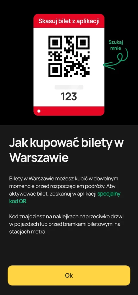 Instrukcija aiškinanti kaip aktyvuoti bilietus Varšuvoje. Norint aktyvuoti vienkartinį bilietą, tereikia nuskenuoti QR kodą