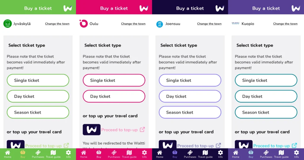 „Waltti“ programėlė keturiuose skirtinguose miestuose.